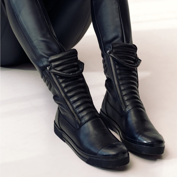 Marcella NYC Shoes - Marcella Women's Black Quilted Zip-Front Leather Combat Boots